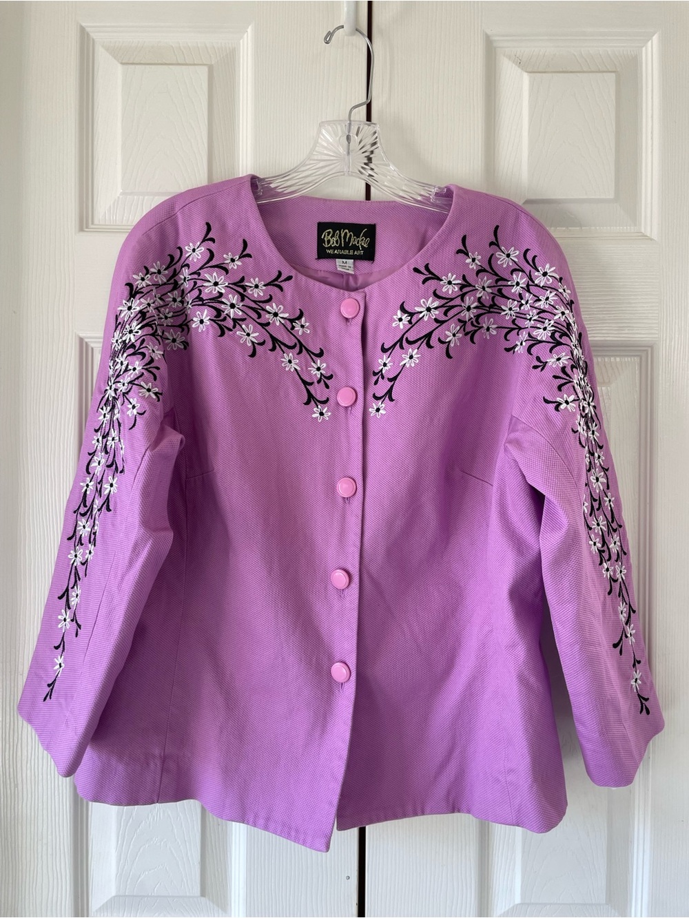 Bob Mackie Wearable Art Lavender Jacket Black and White Floral Embroidery Size M - Picture 2 of 9